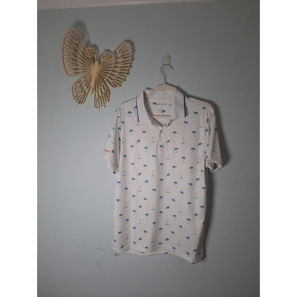 Bonobos Golf Polo Shirt Mens Medium Slim Fit White Palm Tree Golf Print, Casual